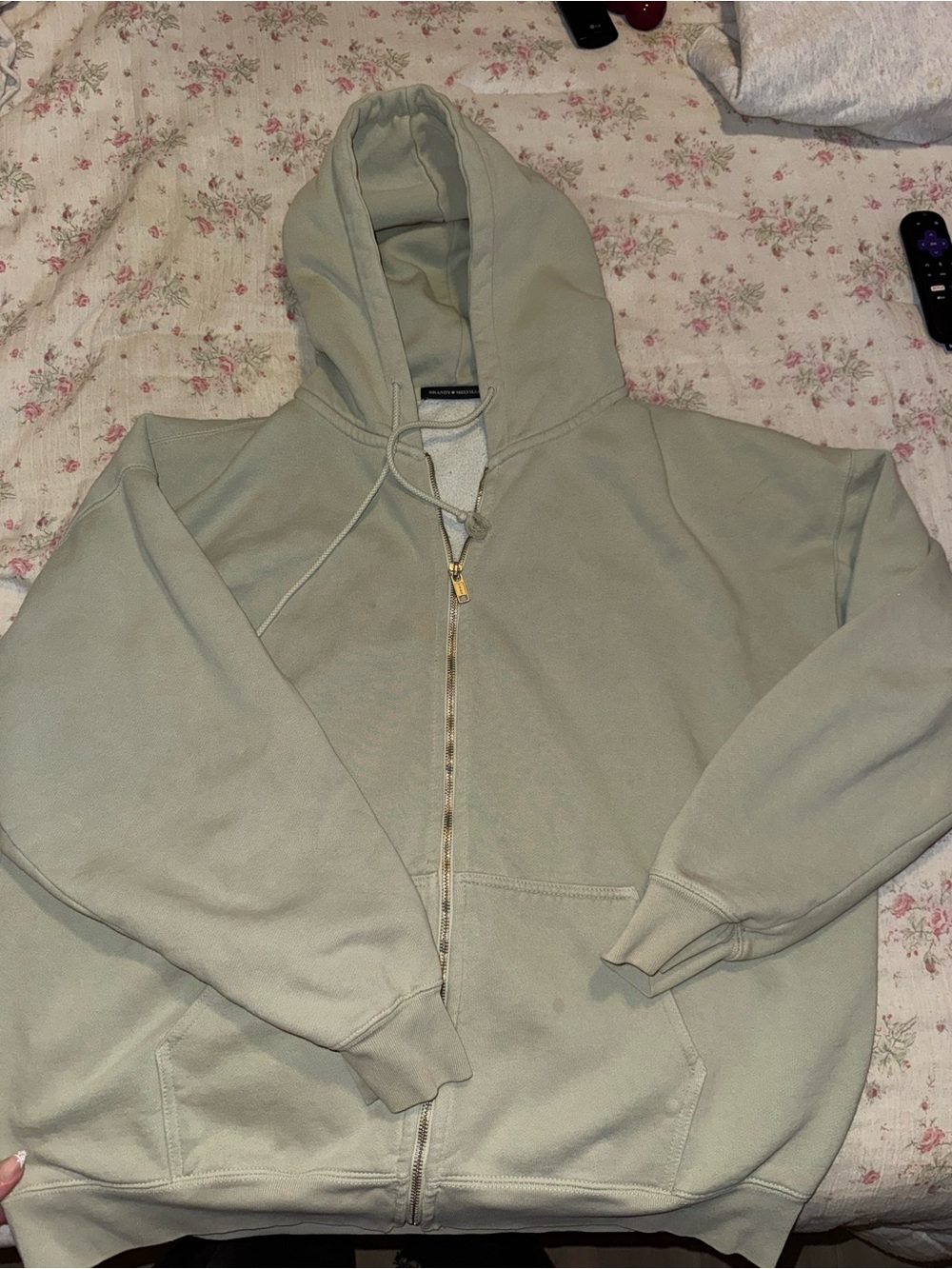 Brandy Melville Pale Mint Green Hooded Zip-Up Sweatshirt with Gold Zipper